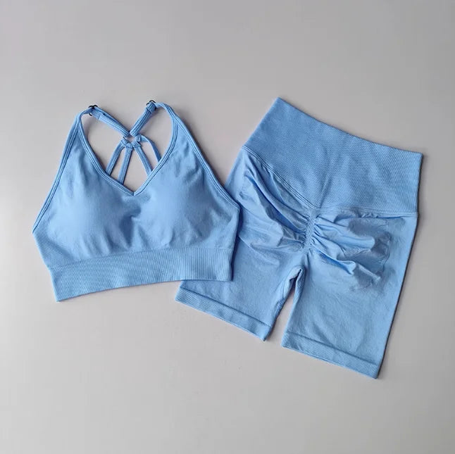 Women's Yoga Set Strappy Sports Bra & High Waisted Shorts | Quick Dry Padded Butt Lifting Workout Outfit for Running Traini