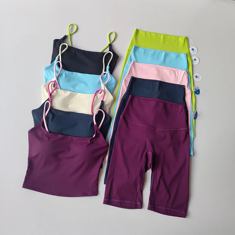 Women's Yoga Set Strappy Bra & Shorts Naked Feel Quick Dry Color Blocking Gym Workout Seamless Activewear