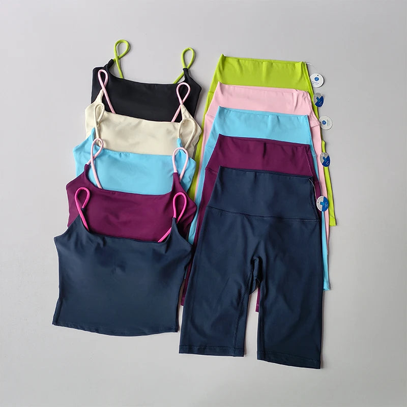 Women's Yoga Set Strappy Bra & Shorts Naked Feel Quick Dry Color Blocking Gym Workout Seamless Activewear