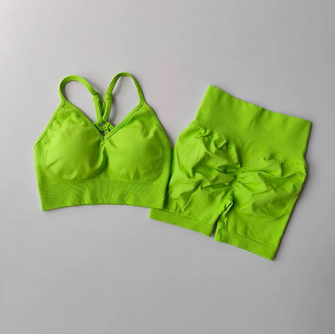 Women's Yoga Set Strappy Sports Bra & High Waisted Shorts | Quick Dry Padded Butt Lifting Workout Outfit for Running Traini