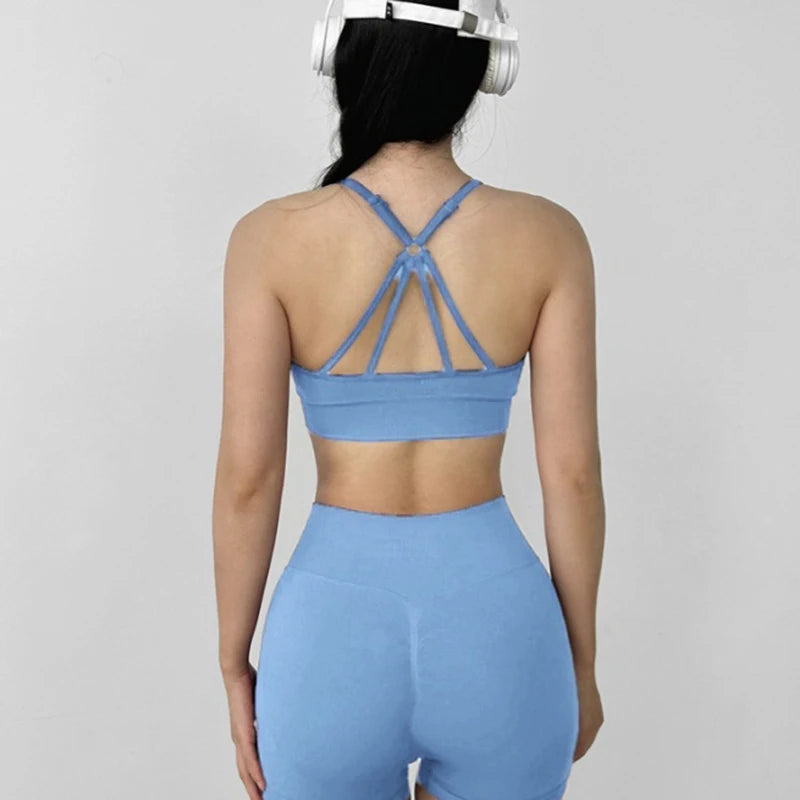 Women's Yoga Set Strappy Sports Bra & High Waisted Shorts | Quick Dry Padded Butt Lifting Workout Outfit for Running Traini
