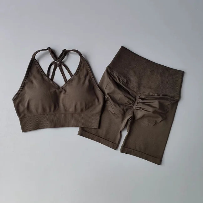 Women's Yoga Set Strappy Sports Bra & High Waisted Shorts | Quick Dry Padded Butt Lifting Workout Outfit for Running Traini