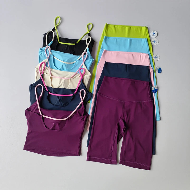 Women's Yoga Set Strappy Bra & Shorts Naked Feel Quick Dry Color Blocking Gym Workout Seamless Activewear