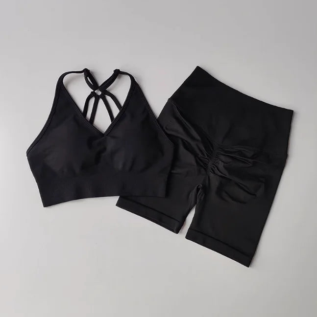 Women's Yoga Set Strappy Sports Bra & High Waisted Shorts | Quick Dry Padded Butt Lifting Workout Outfit for Running Traini