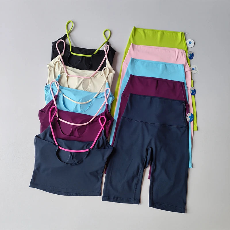 Women's Yoga Set Strappy Bra & Shorts Naked Feel Quick Dry Color Blocking Gym Workout Seamless Activewear