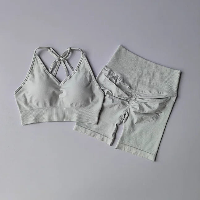 Women's Yoga Set Strappy Sports Bra & High Waisted Shorts | Quick Dry Padded Butt Lifting Workout Outfit for Running Traini