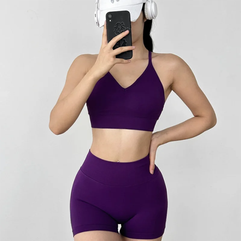 Women's Yoga Set Strappy Sports Bra & High Waisted Shorts | Quick Dry Padded Butt Lifting Workout Outfit for Running Traini